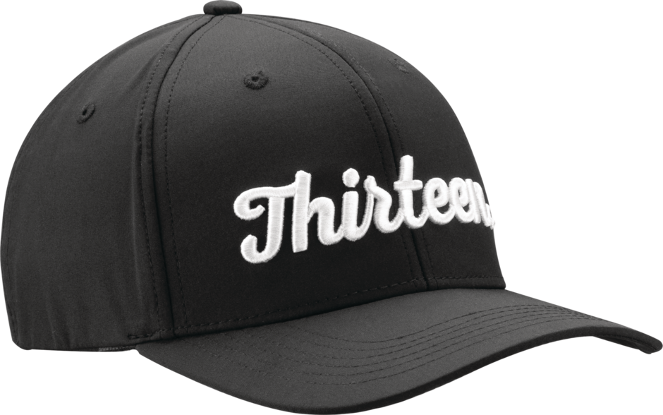 Classic Black Curved Brim Flex Fit Ballcap (Black w/ White 13 Cursive Thirteen Logo - Low Profile - Performance Air Mesh Back)