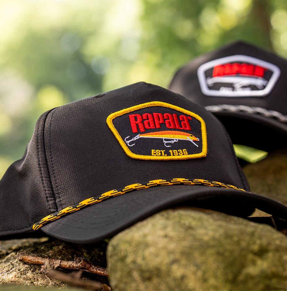 closeup of a rapala late 80s rope hat with yellow retro patch